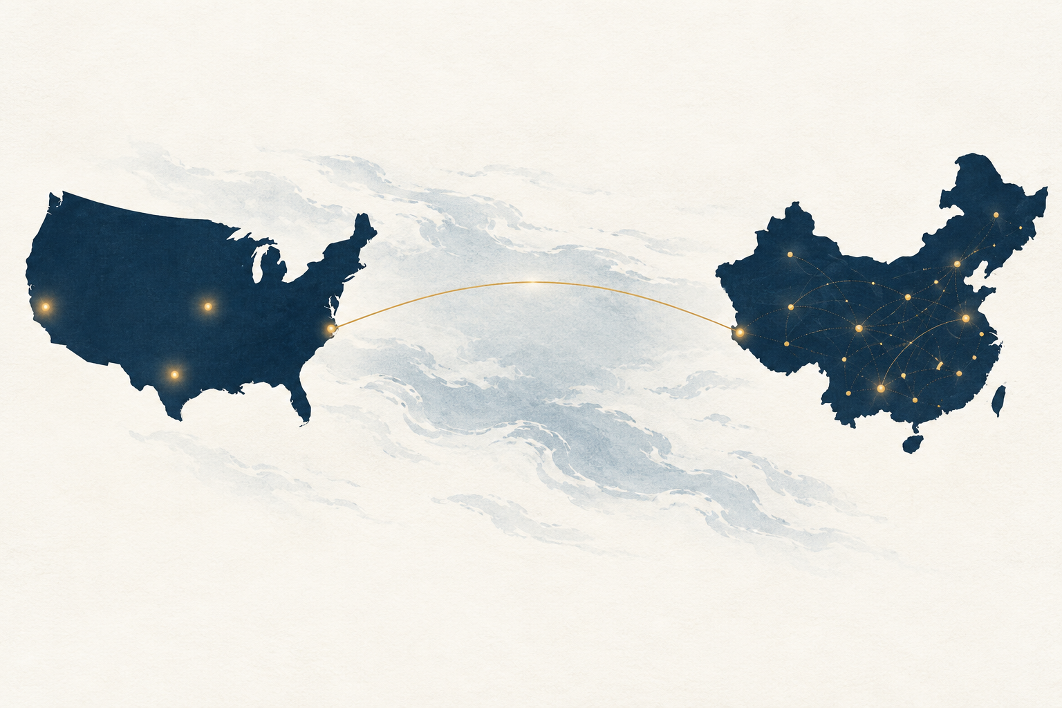 Illustrated maps of the United States and China connected across the Pacific